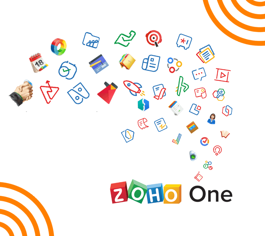 Zoho One full suite of business applications icons, visualizing integrated software tools for business system development and digital transformation