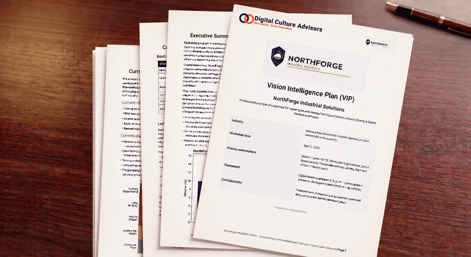 Vision Intelligence Plan report printed and displayed on a desk