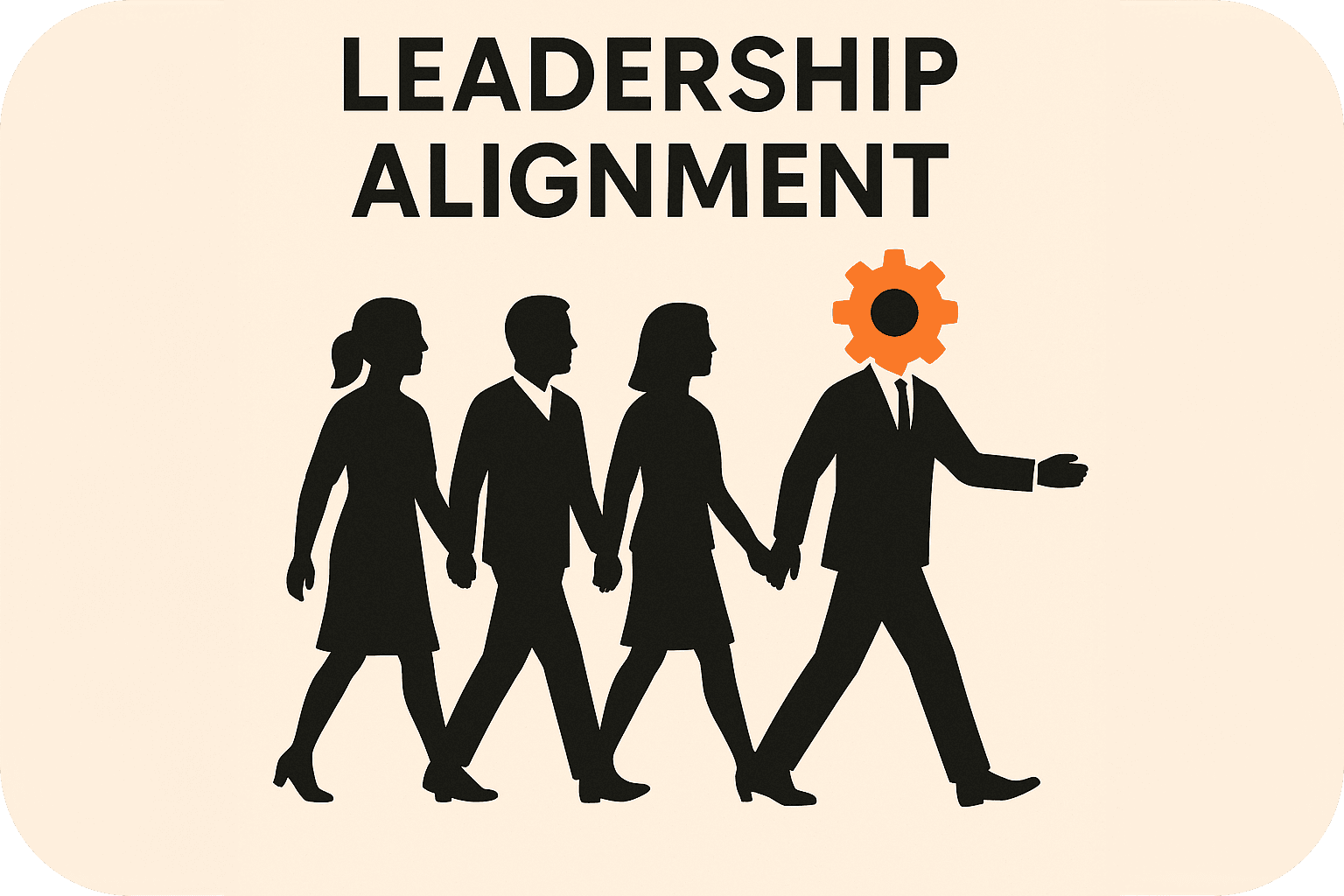 Illustration of leadership team walking in alignment, symbolizing leadership alignment as a key driver of successful business transitions and organizational change management.