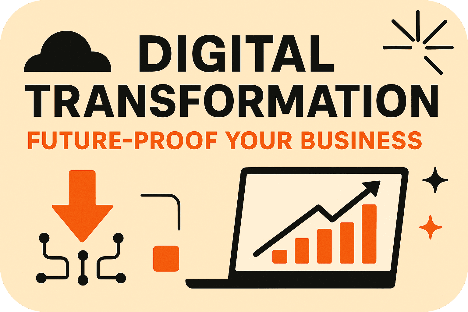 Illustration of digital transformation and future-proofing strategies for businesses, highlighting cloud technology, data integration, and digital growth for sustainable success in the digital age