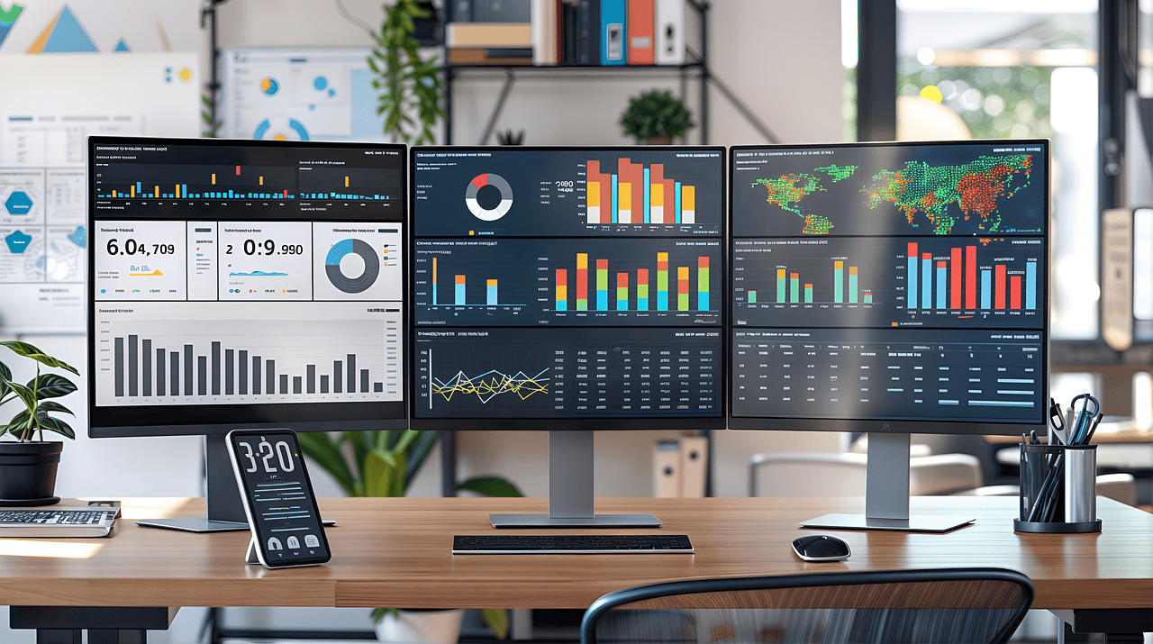 "Operations performance dashboards on multi-screen workstation displaying business analytics, KPIs, and process optimization insights powered by fractional operations development services